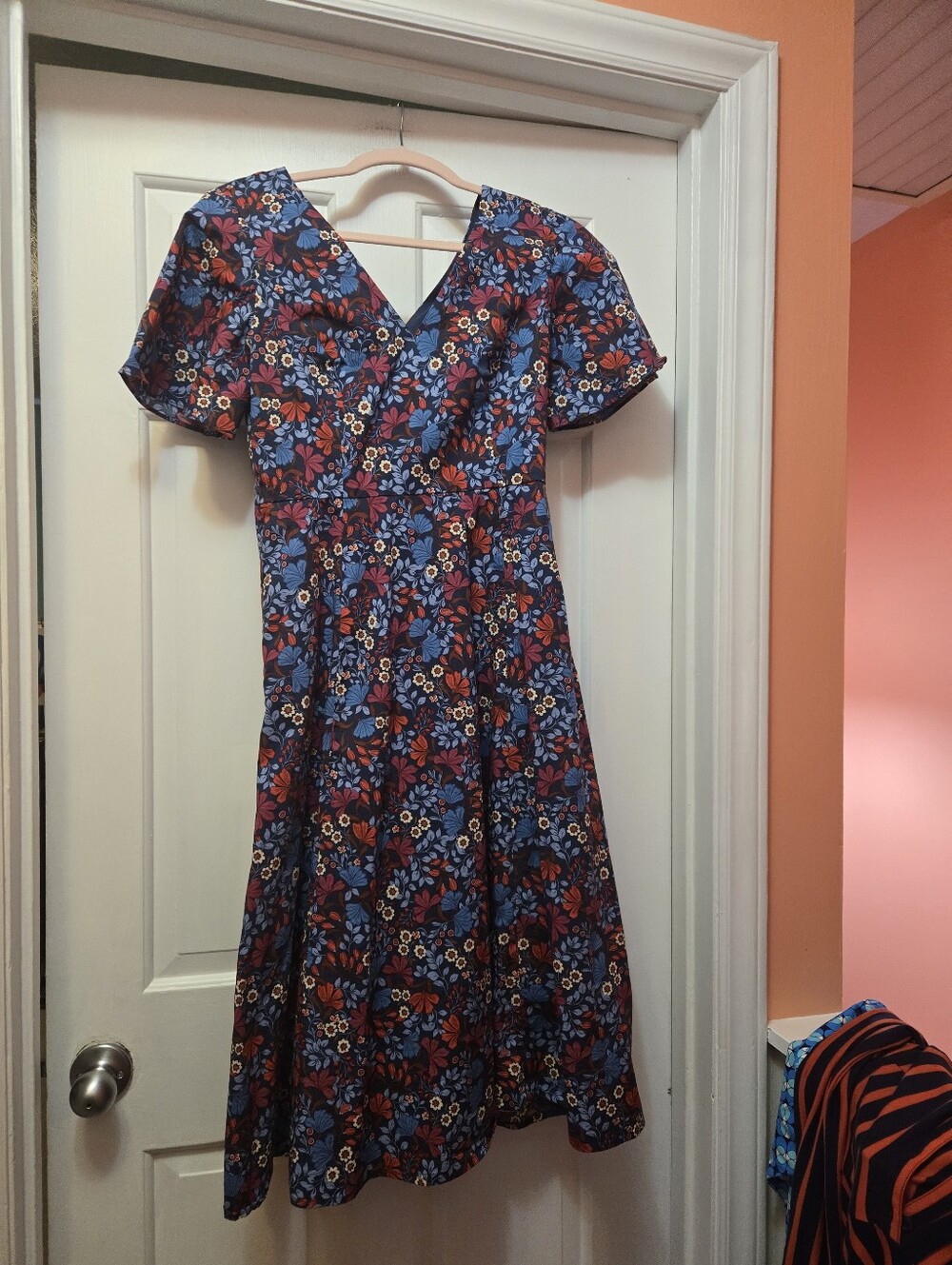 Draper James V-Neck Floral A-Line Dress in Navy with Red and Blue Flowers